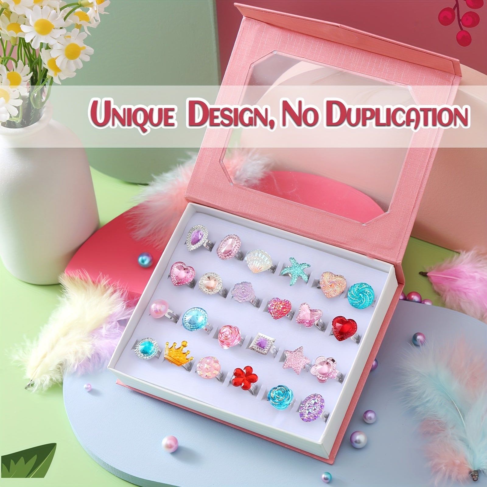 24pcs Girl Jewel Rings Adjustable No Duplication in Box