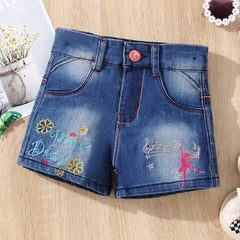 Girls' Letter Embroidered Denim Shorts - Street Outwear