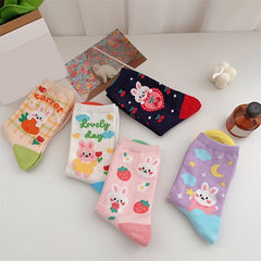 5 Pairs Cartoon Bunny Print Socks Cute & Comfy Women's Mid Tube Stockings