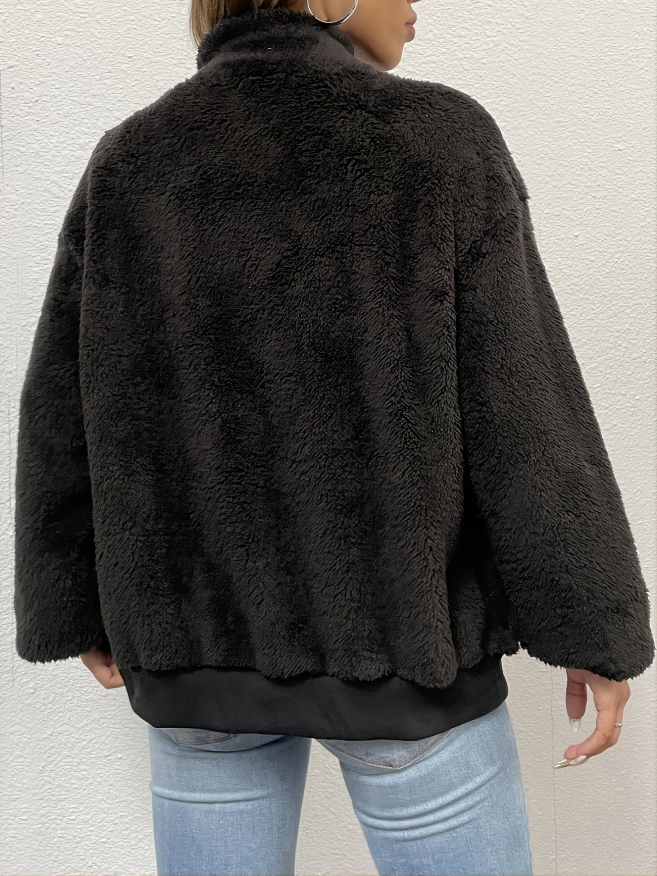 Fuzzy Jacket Zipper Lapel Long Sleeve Loose Outerwear