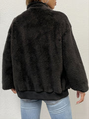 Fuzzy Jacket Zipper Lapel Long Sleeve Loose Outerwear
