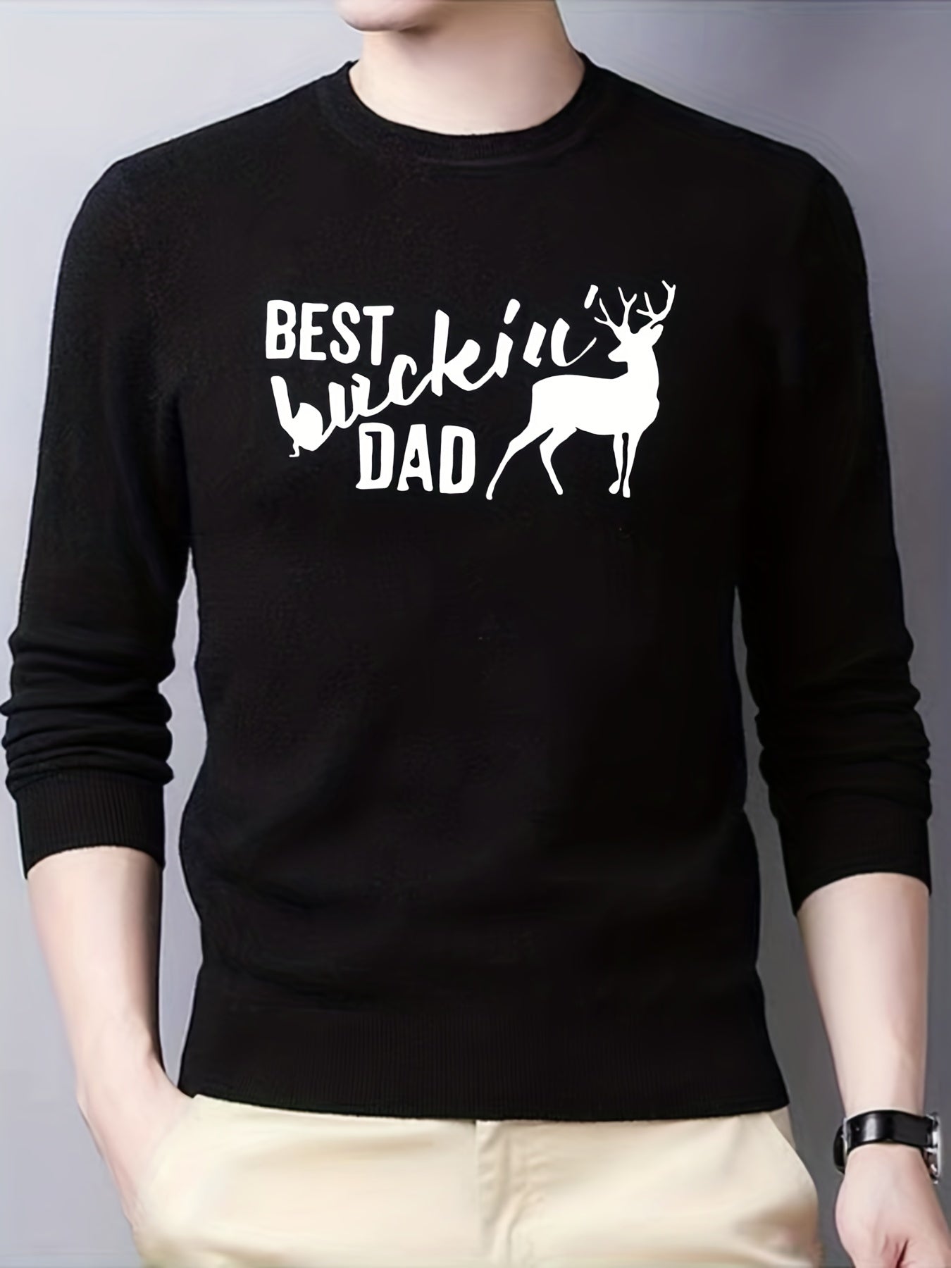 Dad & Deer Print Knitted Sweater Men's Warm Crew Neck Pullover For Fall Winter