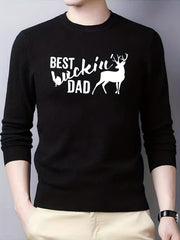 Dad & Deer Print Knitted Sweater Men's Warm Crew Neck Pullover For Fall Winter