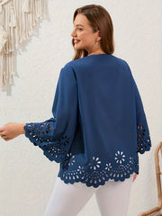 Embroidered Floral Trim V Neck Plus Size Blouse
