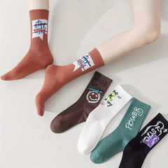 Men's Cartoon Letter Crew Socks Breathable Cotton Blend Comfy Casual Unisex Outd