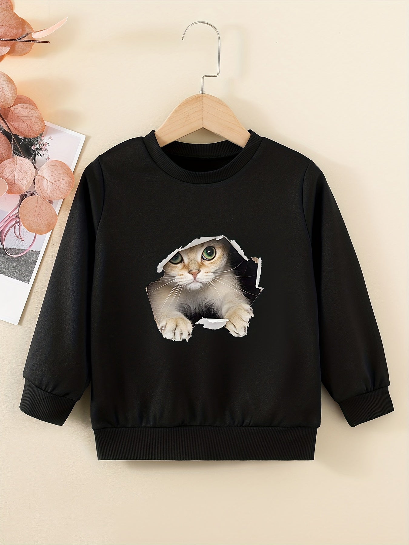 Cute Kitty Graphic Sweatshirt for Girls Round Neck Casual Pullover Tops
