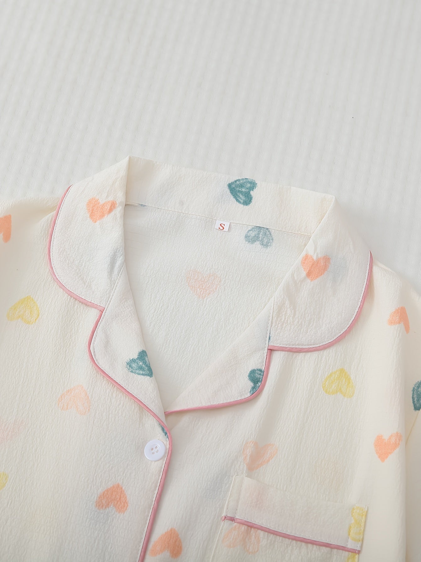 Heart Print Pajama Set Short Sleeve Button Up Top & Elastic Waistband Pants