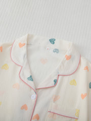 Heart Print Pajama Set Short Sleeve Button Up Top & Elastic Waistband Pants