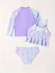 Mermaid Swimsuit Set Quick Drying Zip Front Long Sleeve Cami Top Briefs Kids