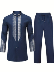 Solid Cotton Men's African 2 Pcs Set Dashiki & Pants Outfit