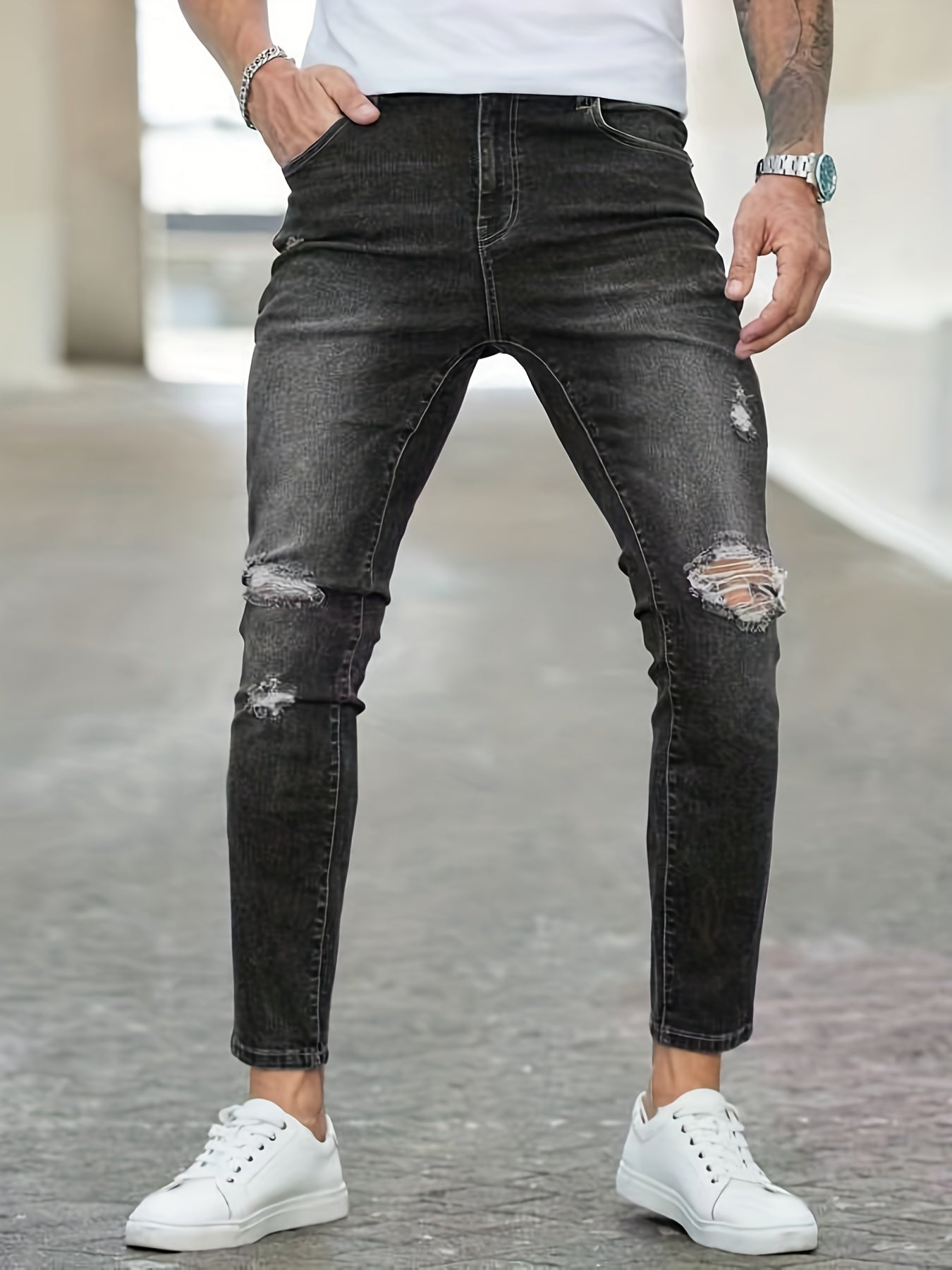 Slim Fit Ripped Jeans Mens Distressed Stretch Denim Pants