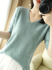 Half Sleeve V Neck Sweater Knitted Casual Top Women's Clothing