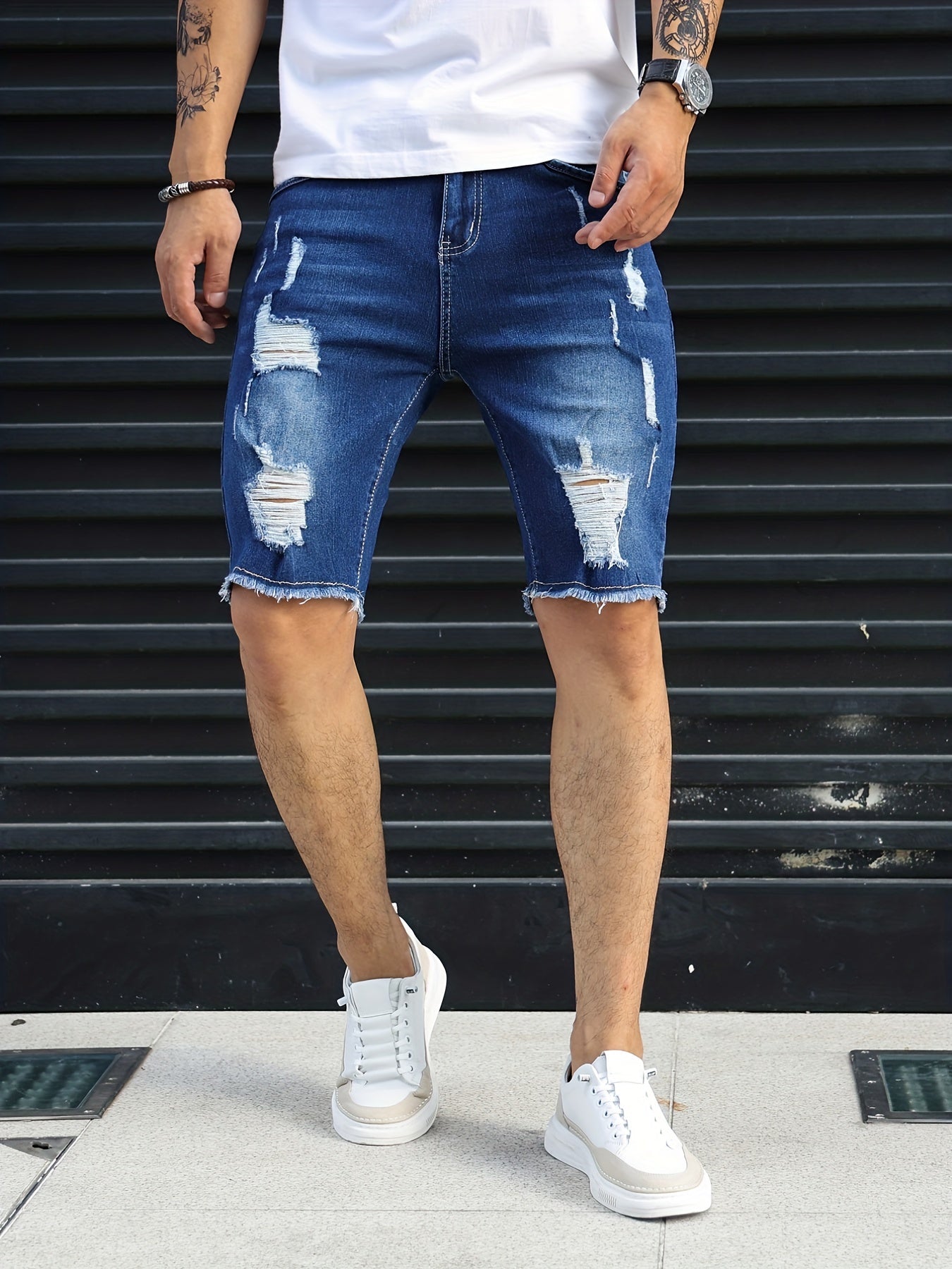 Men's Ripped Denim Shorts Casual Street Style Distressed Denim Shorts