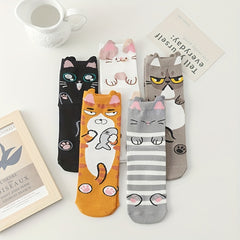 5 Pairs Cartoon Cat Print Socks Women's Stockings & Hosiery