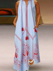 Women's Plus Floral Print Notched Neck Tassel Tank Dress