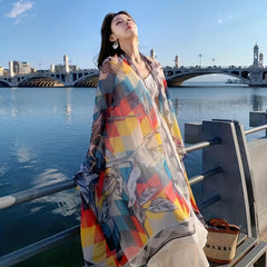Oversized Floral Print Scarf Geometric Gauze Shawl Wrap