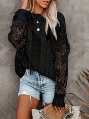 Contrast Lace Eyelet Knit Sweater Crew Neck Long Sleeve