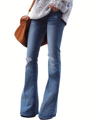 Ripped Holes Flared Jeans Bell Bottom High Waist Wide Legs High Rise Denim Pants