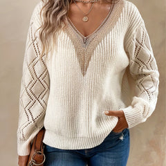 Hollow Guipure Lace Knit Sweater V Neck Long Sleeve
