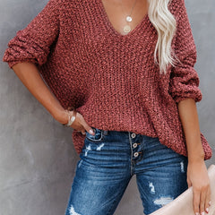 Solid V Neck Knitted Pullover Top Casual Long Sleeve Sweater