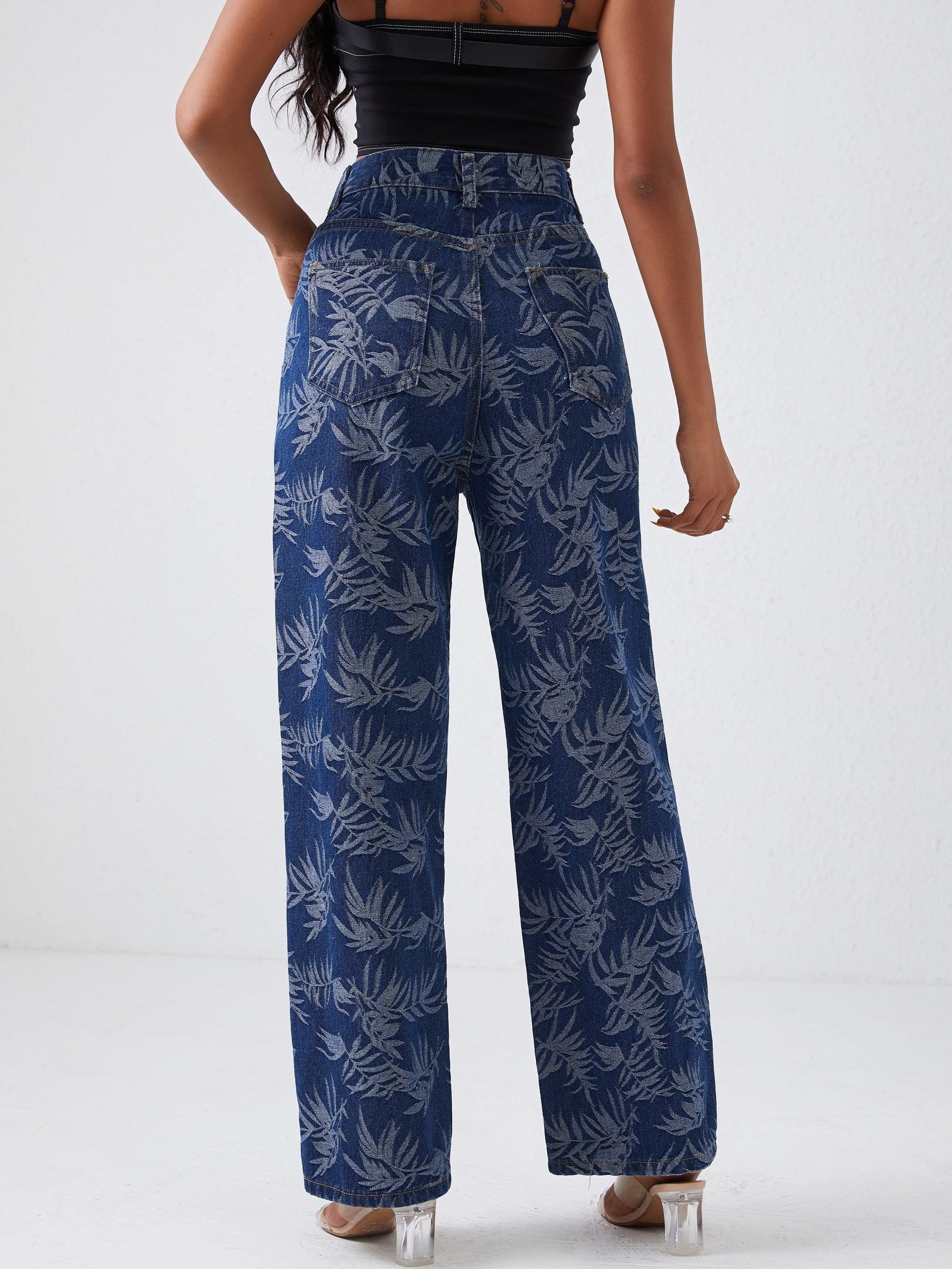 Leaf Print Straight Jeans High Waist Denim Pants