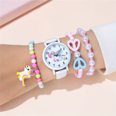 Unicorn Pattern Belt Watch & 3 Bracelets Set