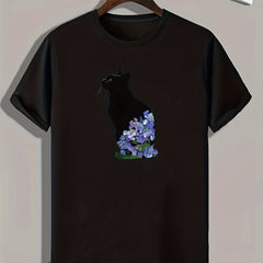 Floral Cat Print Men's Comfy T shirt Active
