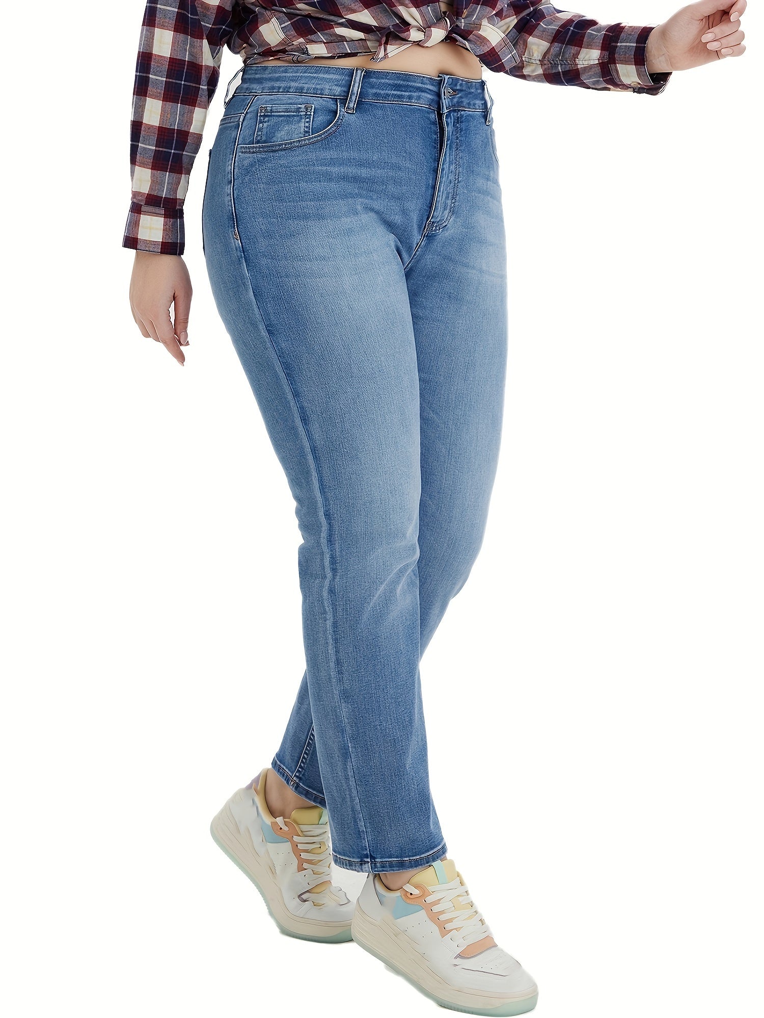 Women's Plus Button Fly High Rise Stretchy Straight Leg Jeans