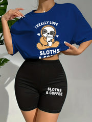 Cartoon Print Lounge Set Short Sleeve Crew Neck Top & Elastic Waistband Shorts