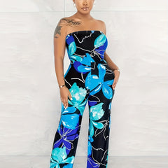 Tropical Floral Print Tube Jumpsuit Off Shoulder Summer Wide Leg Jumpsuit
