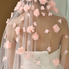 Romantic Lace Bridal Veil with Floral Embroidery & Pink Flowers