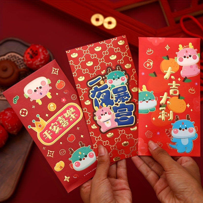 6pcs Red Envelopes Dragon Year Lucky Money 6 Different Golden Embossed Patterns