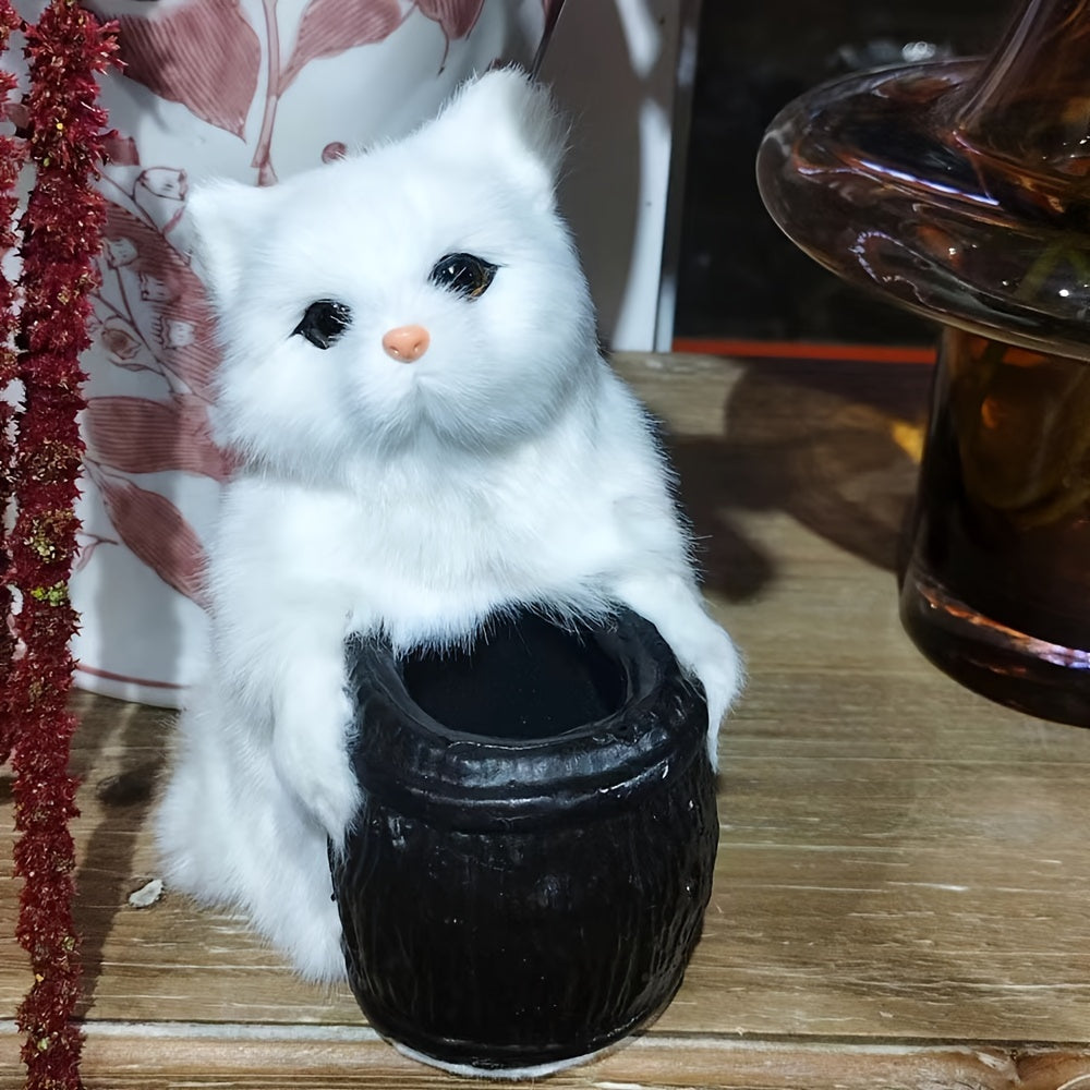 Cat Plush Desk Decoration with Pen Container