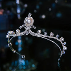 Faux Pearl Silvery Headband Rhinestone Crown Bridal Hair Accessory