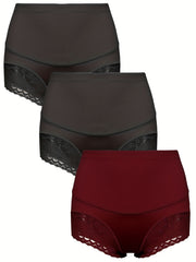 3 Pack Plus Size Panties Set Women's Plus Contrast Lace Tummy Control High Waist