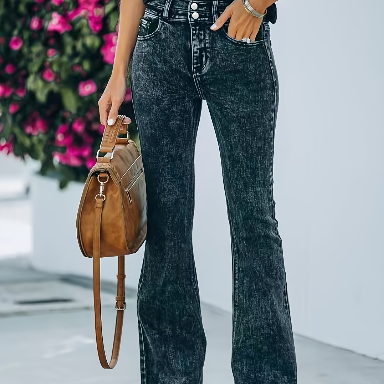 Plus Solid Distressed Button Fly High Rise Bootcut Jeans