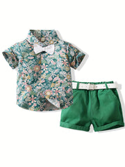 2pcs Boys Flower Short Sleeves Shirt & Shorts & Bow Tie Summer Clothes Sets