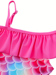 Girls' Mermaid Swimsuit with Fish Scale Graphic and Ruffled Trim