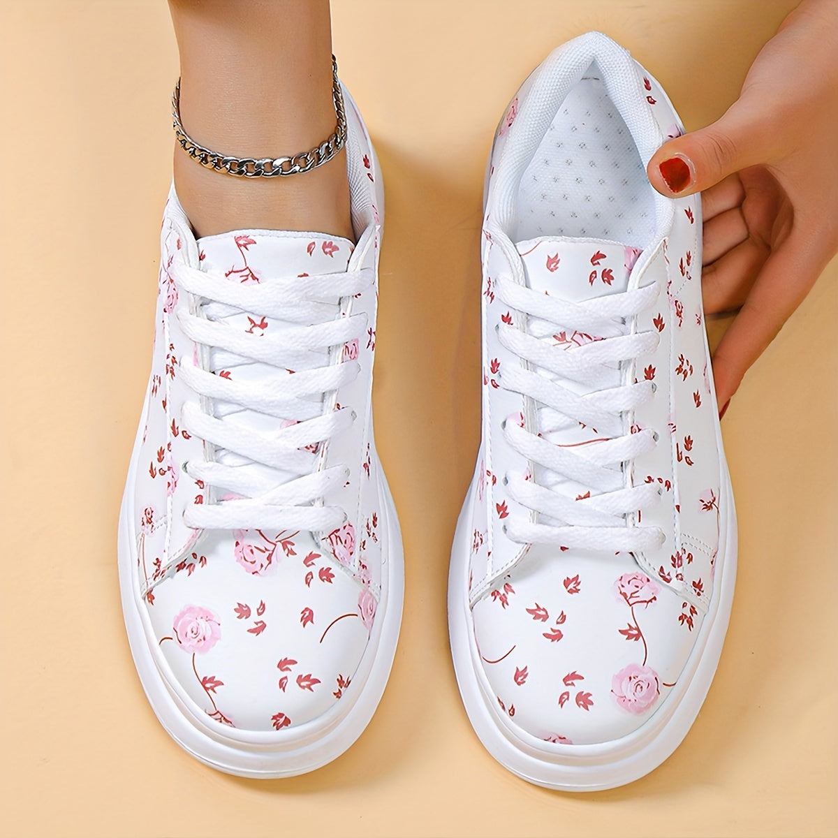 Women's Floral Print Flat Shoes Lace Up Low Top Sneakers
