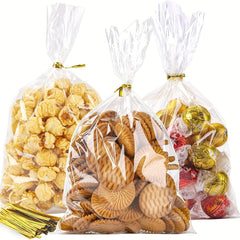 100pcs Transparent Snack Bags + Twist Ties for Cookies, Candy, Party Gifts
