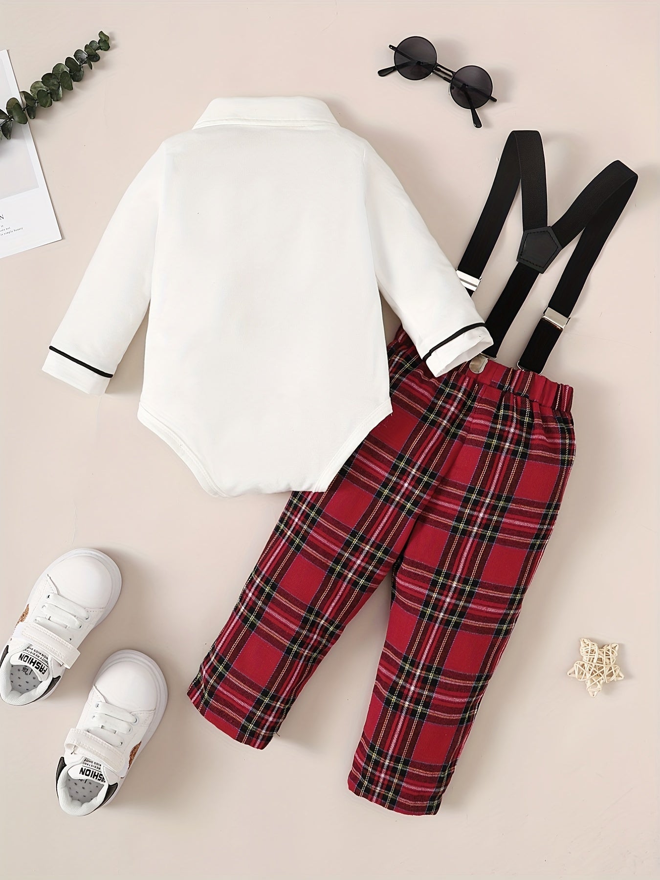 Baby Girls 2pcs Casual Shirt With Bow Plaid Bib Pants Set