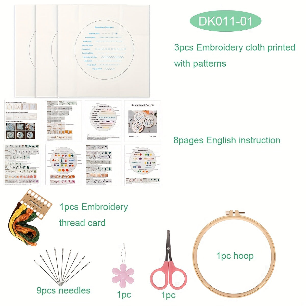 Embroidery Starter Kit Adults Embroidery Cloth Hoop Thread Needles Instruction