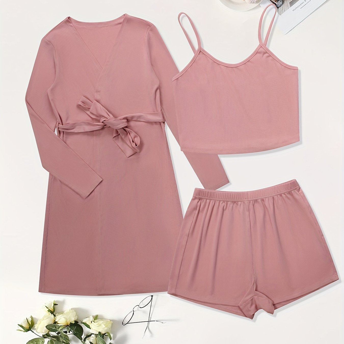Ribbed Crop Top & Shorts & Cardigan Set