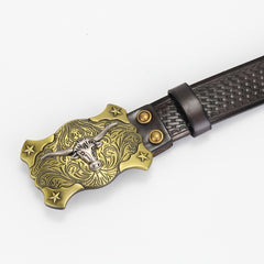Leather Braided Pattern Belt With Ox Head and Star Carving Button