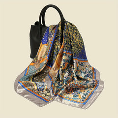 Geometric Floral Printed Satin Square Scarf for Hair Wrapping