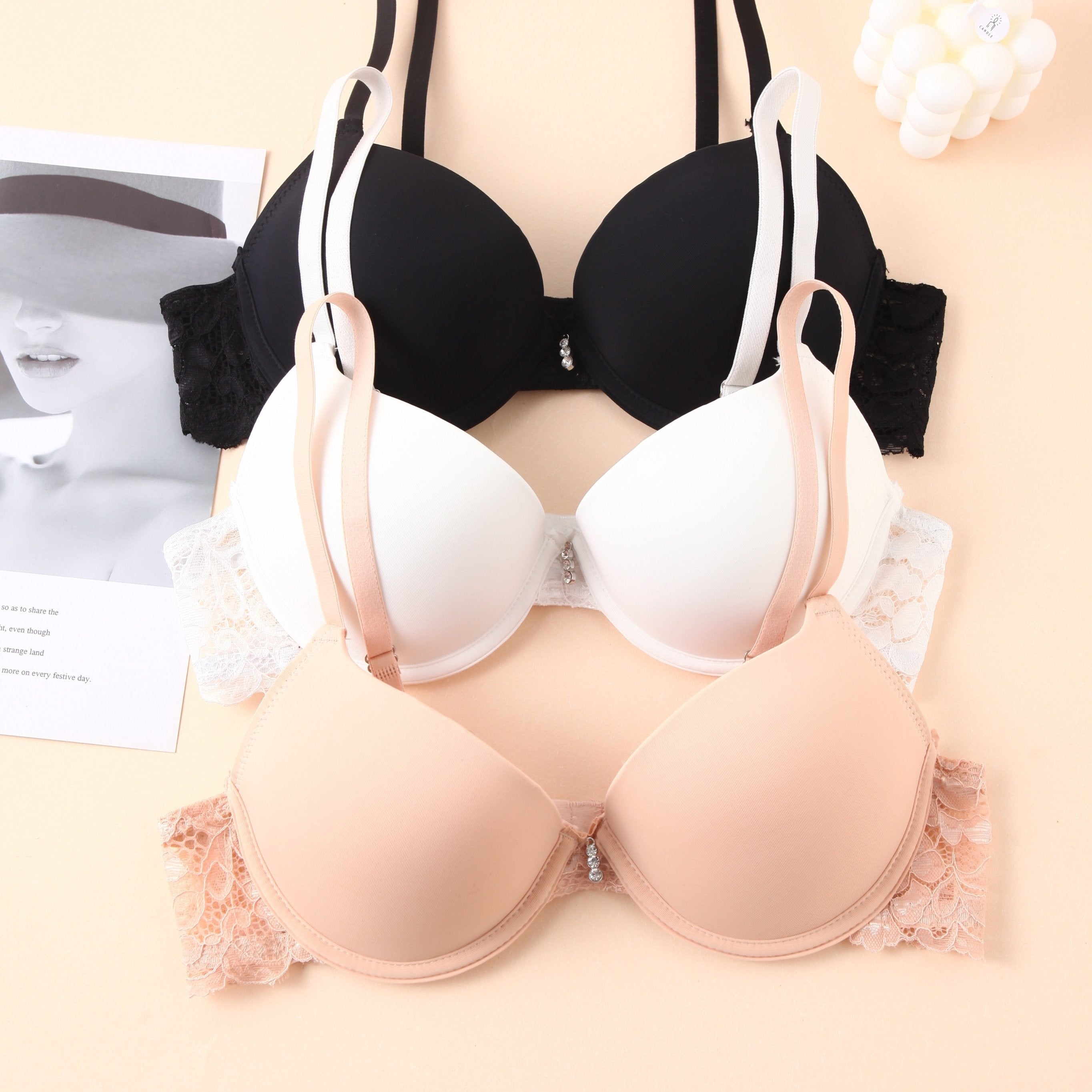 3 Sets Beaded Push Up Bra Anti sagging Everyday Lingerie