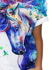 Tie Dye Horse Short Sleeve T-shirt Loose Fit Pullover For Kids