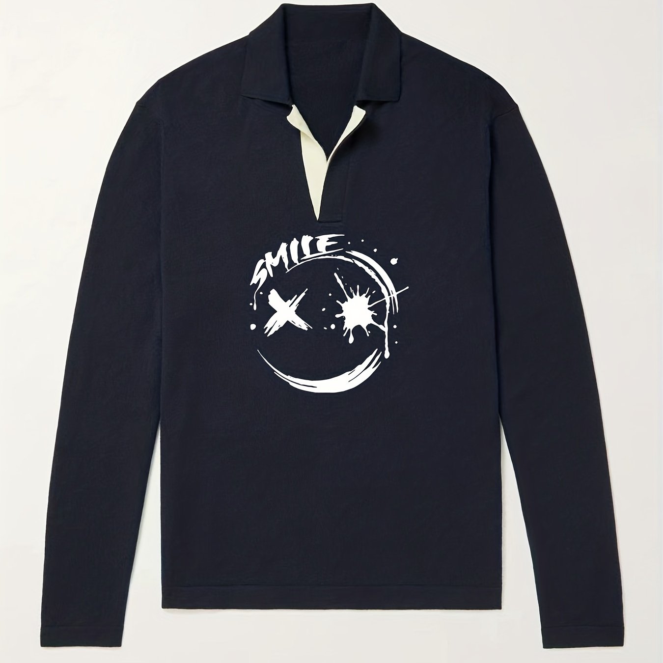 Smile Face Pattern Knit Polo Shirt Men's Casual Lapel Pullover Sweater