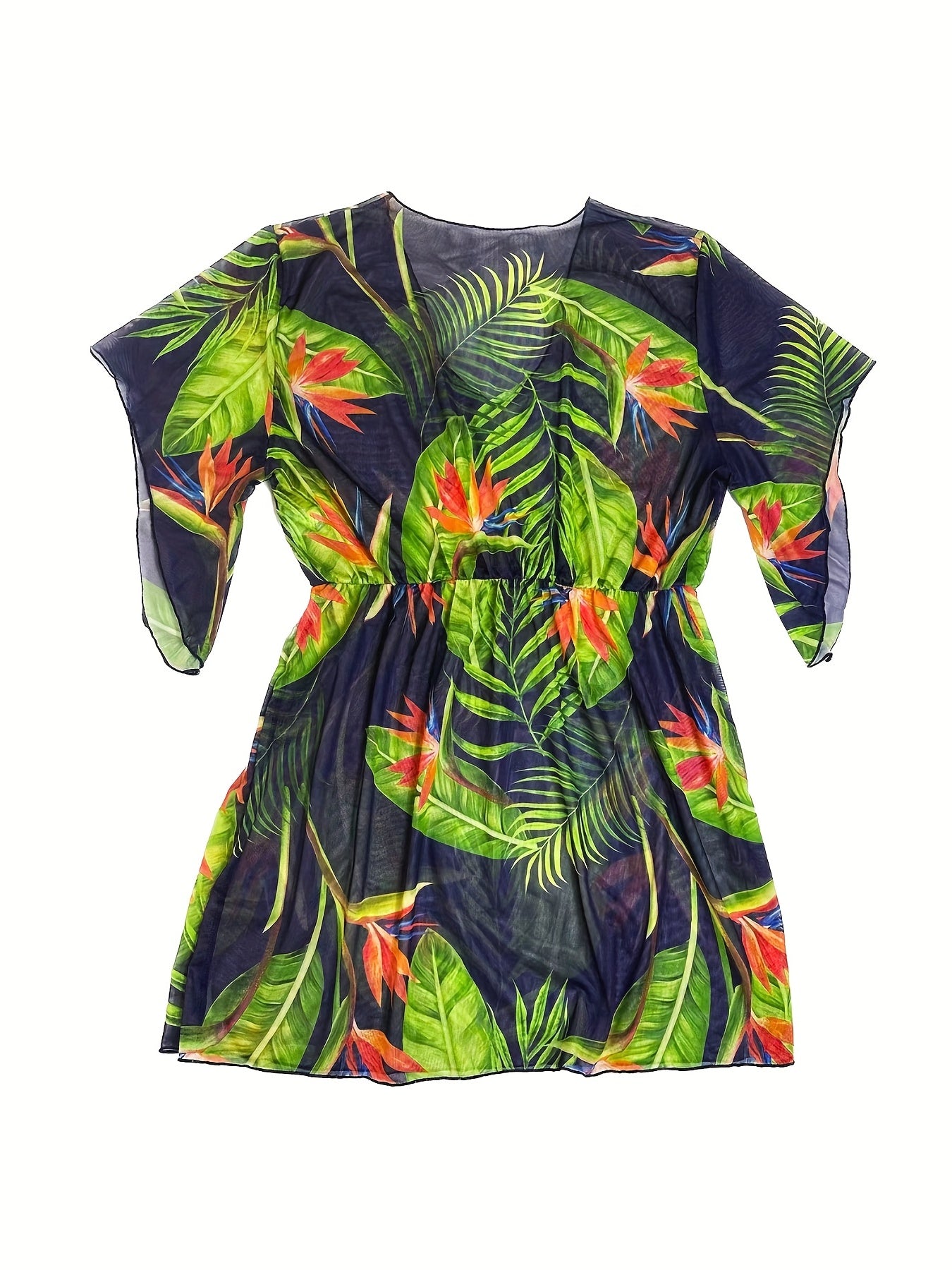 Tropical Print Bell Sleeve V Neck Cover Up