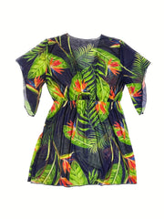 Tropical Print Bell Sleeve V Neck Cover Up